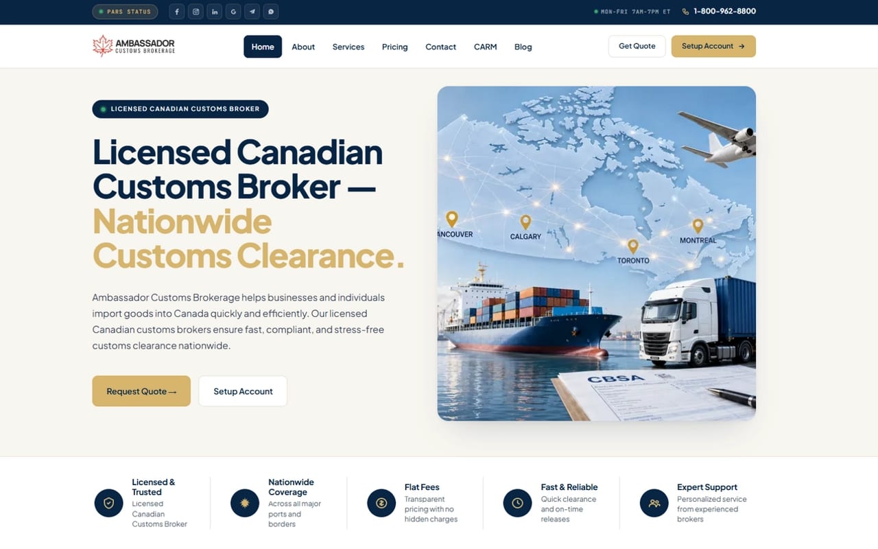 Ambassador Customs Brokerage — website screenshot