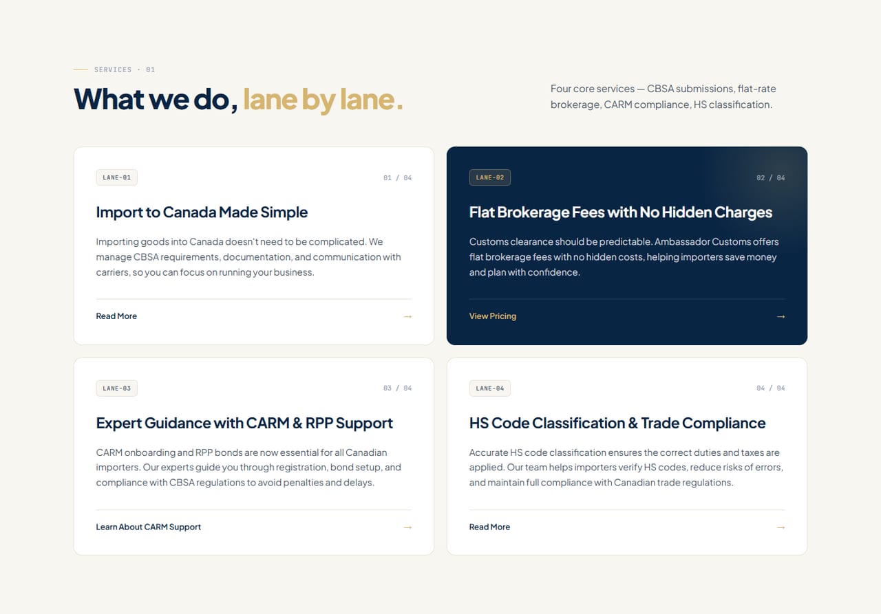 Ambassador Customs Brokerage — Operations in production: services as four numbered lanes, mono-type labels and gold-on-navy accents, the look of a logistics console.