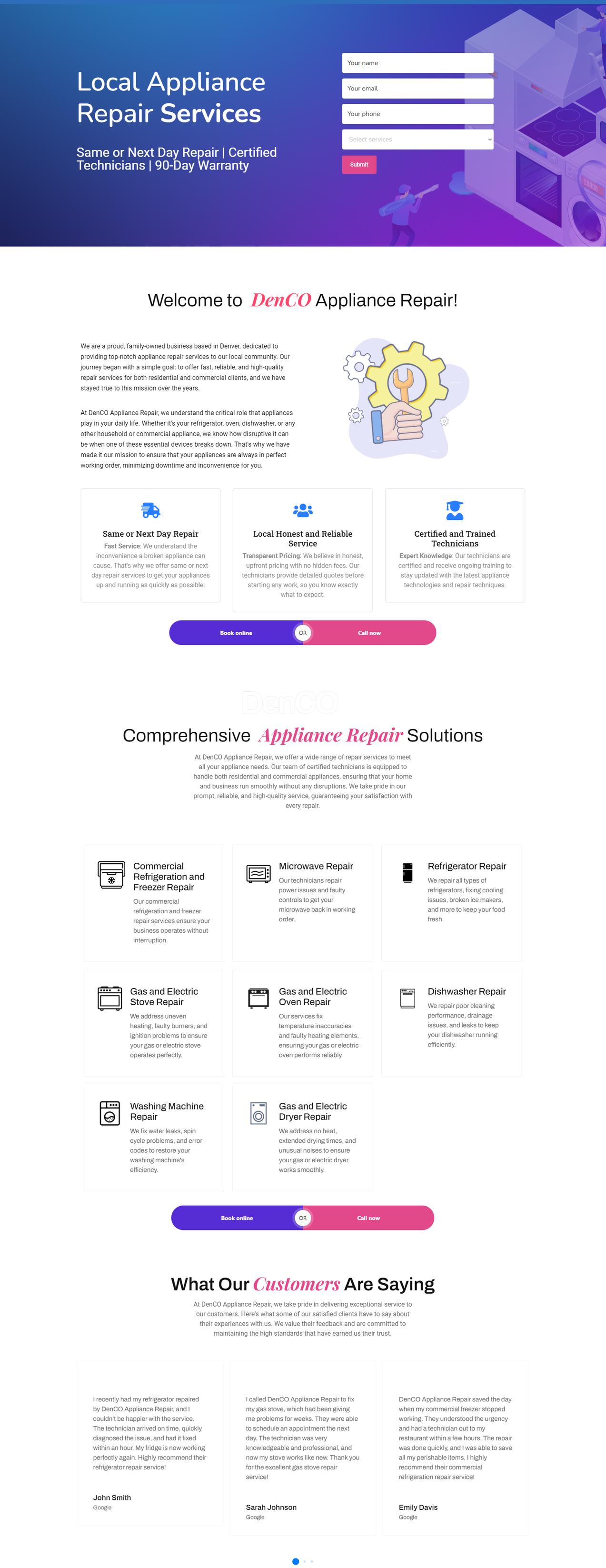 DenCO Appliance Repair — website screenshot