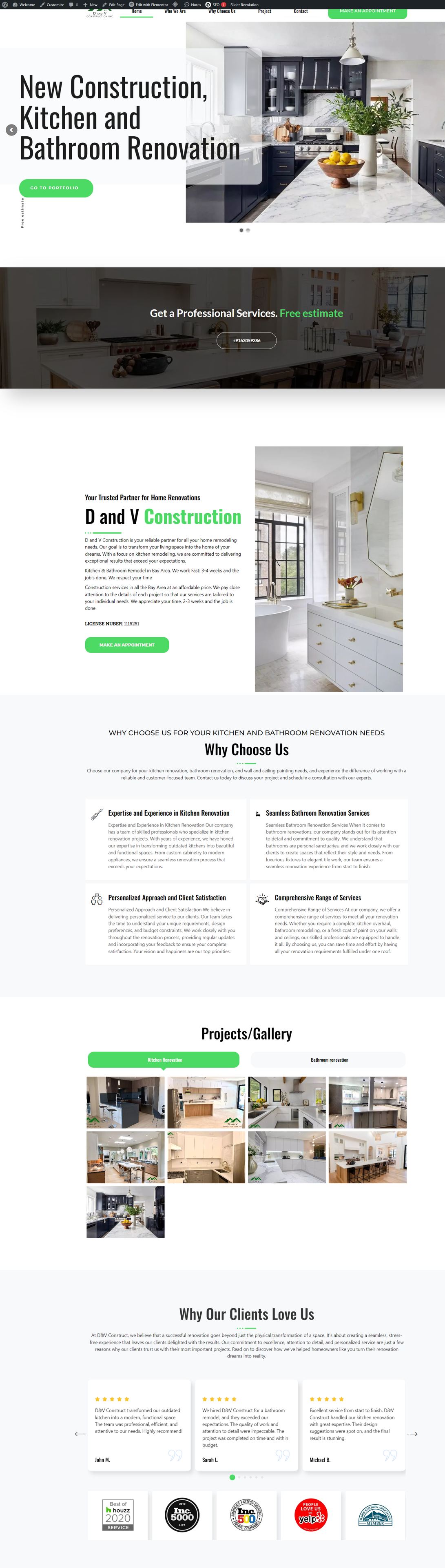 D and V Construction — website screenshot