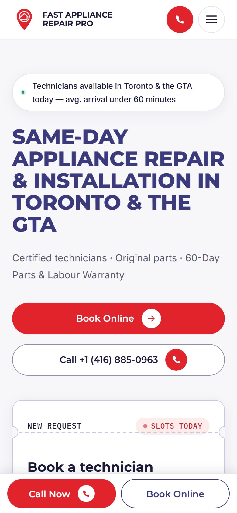 Fast Appliance Repair Pro — mobile homepage