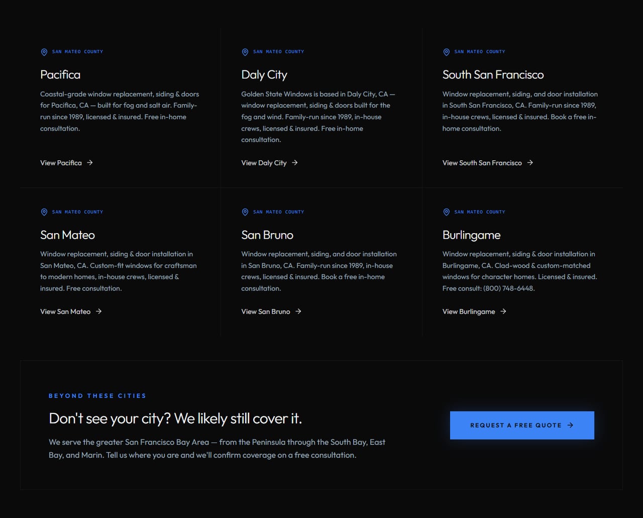 Golden State Windows — Service areas: a hub of six Peninsula cities, each with its own page, local copy and FAQ.