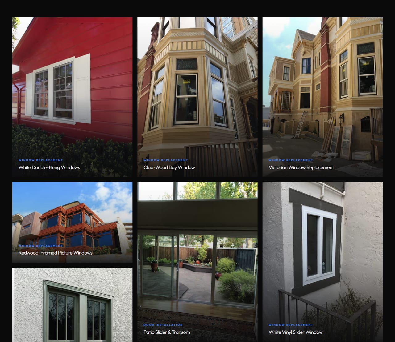 Golden State Windows — A portfolio of 30 real project photos in a responsive masonry, each labelled with its service and a short caption.