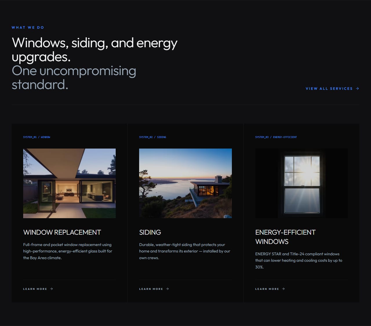 Golden State Windows — Services on the home page: window replacement, siding and energy-efficient windows, each card leading to its part of the services page.