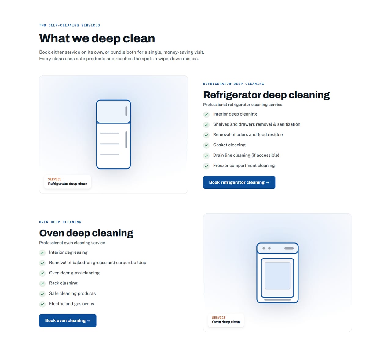 HamersFix — Maintenance line: refrigerator and oven deep cleaning, each with exactly what the visit includes.