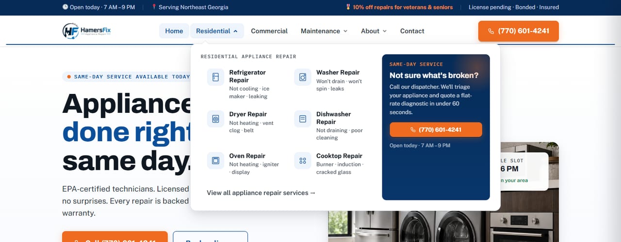 HamersFix — Residential mega menu: six repair services with their typical symptoms, and a dispatcher card with the phone number and today's hours.