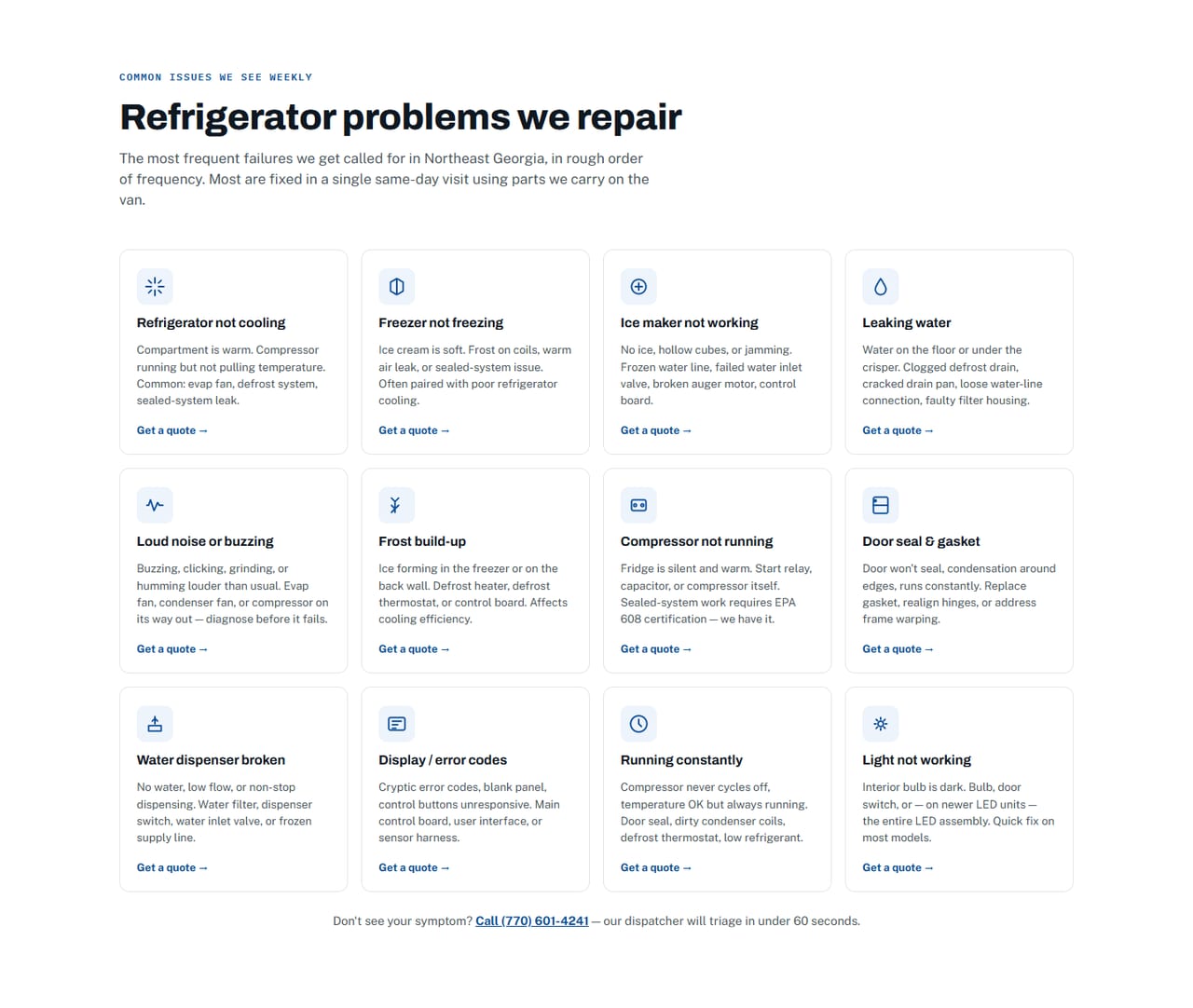 HamersFix — Refrigerator problems: twelve common failures explained in plain language, each with a quote link. Every appliance page has its own set.
