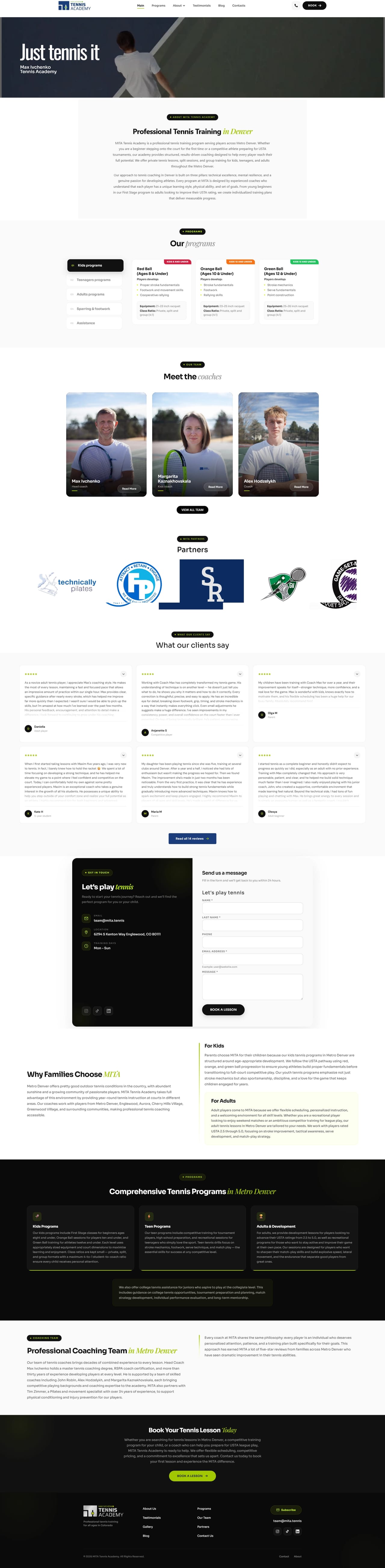 MITA Tennis Academy — full-page website screenshot