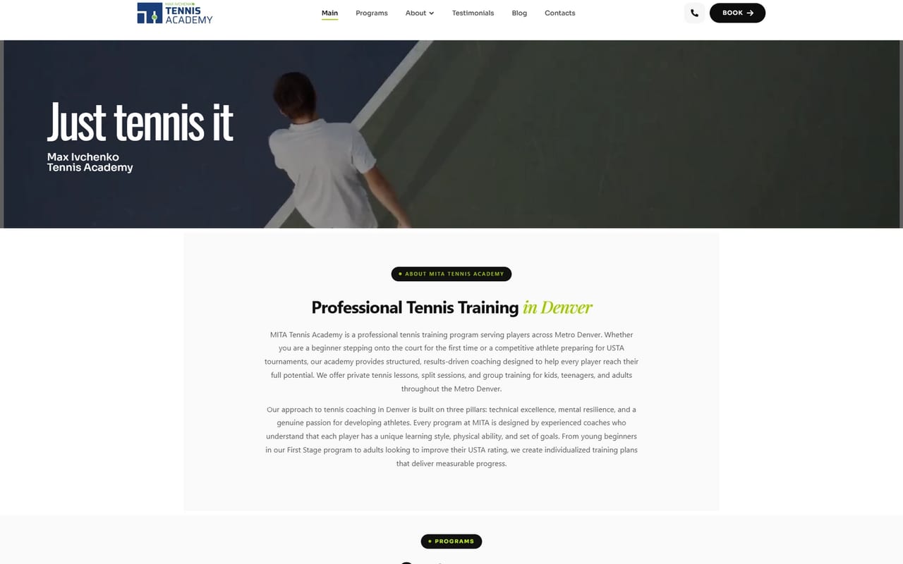 MITA Tennis Academy — website screenshot