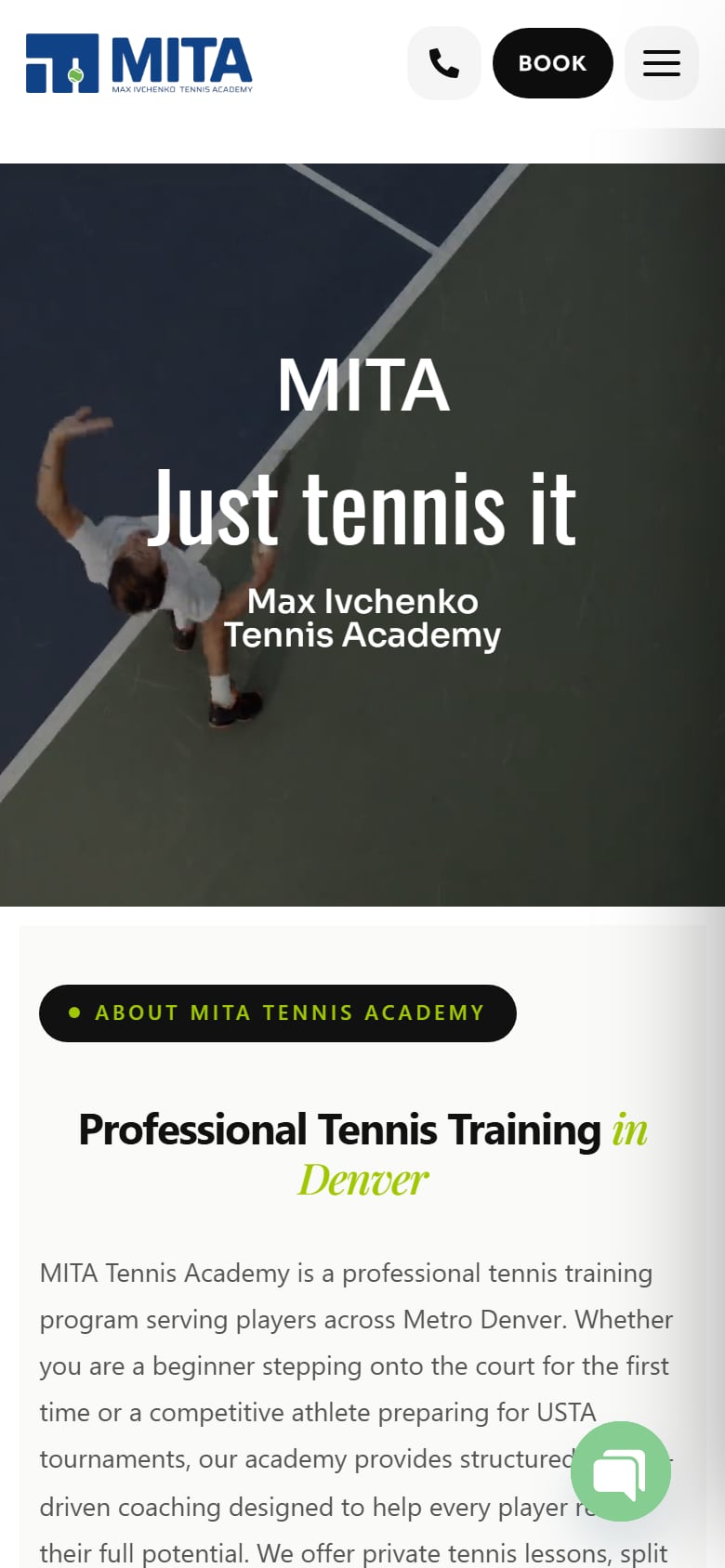 MITA Tennis Academy — mobile homepage