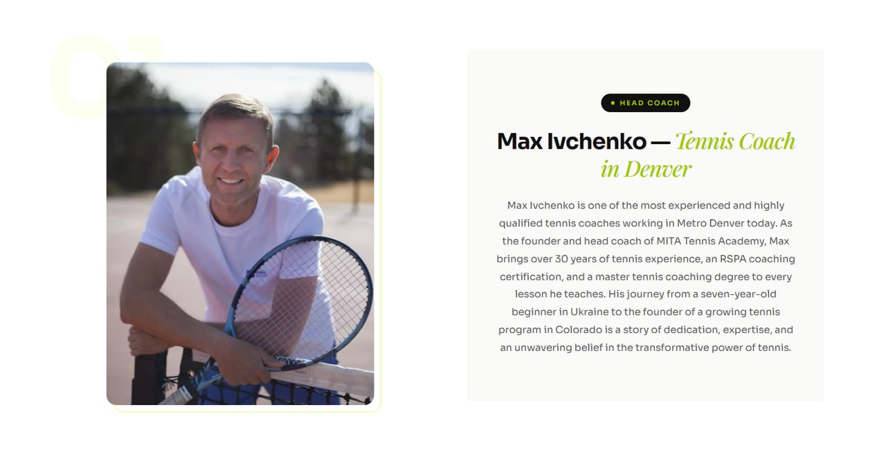 MITA Tennis Academy — Head coach Max Ivchenko's own page: 30+ years in tennis and an RSPA certification, marked up as a person with credentials.