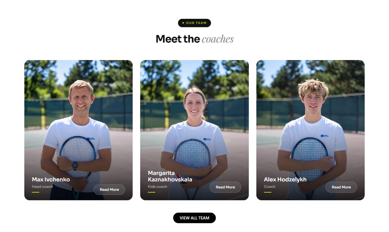 MITA Tennis Academy — The coaching team, each coach with a role and a profile, one of the trust signals the audit found missing.