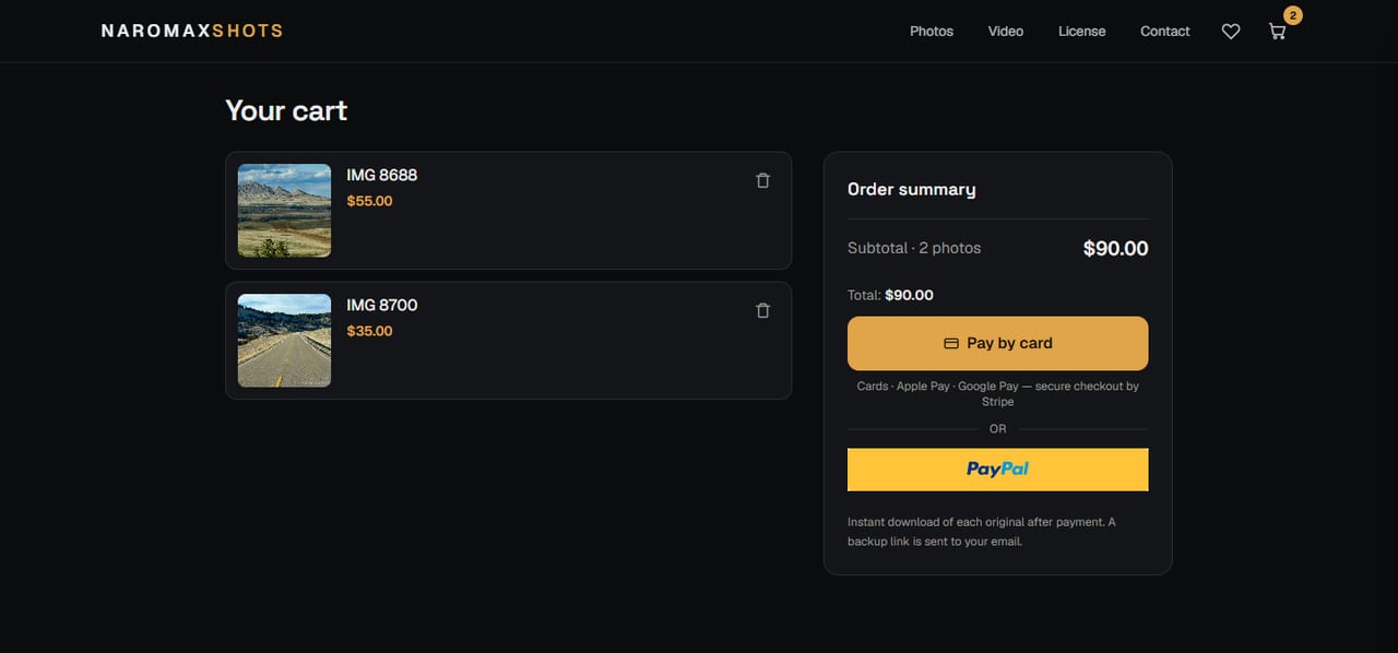 NaromaxShots — Guest cart: several photos in one payment — cards, Apple Pay and Google Pay through Stripe, or PayPal.
