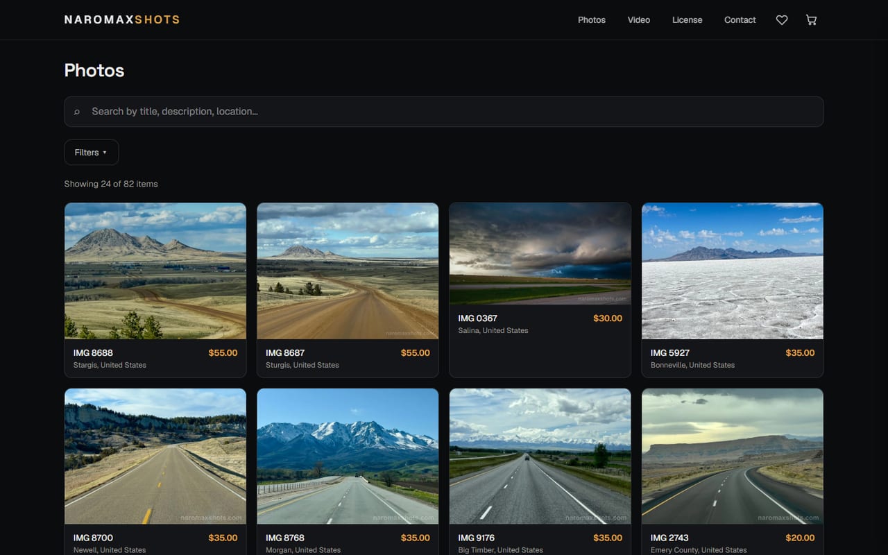 NaromaxShots — Catalog: search by title, description and place, filters, and a price and location on every card.