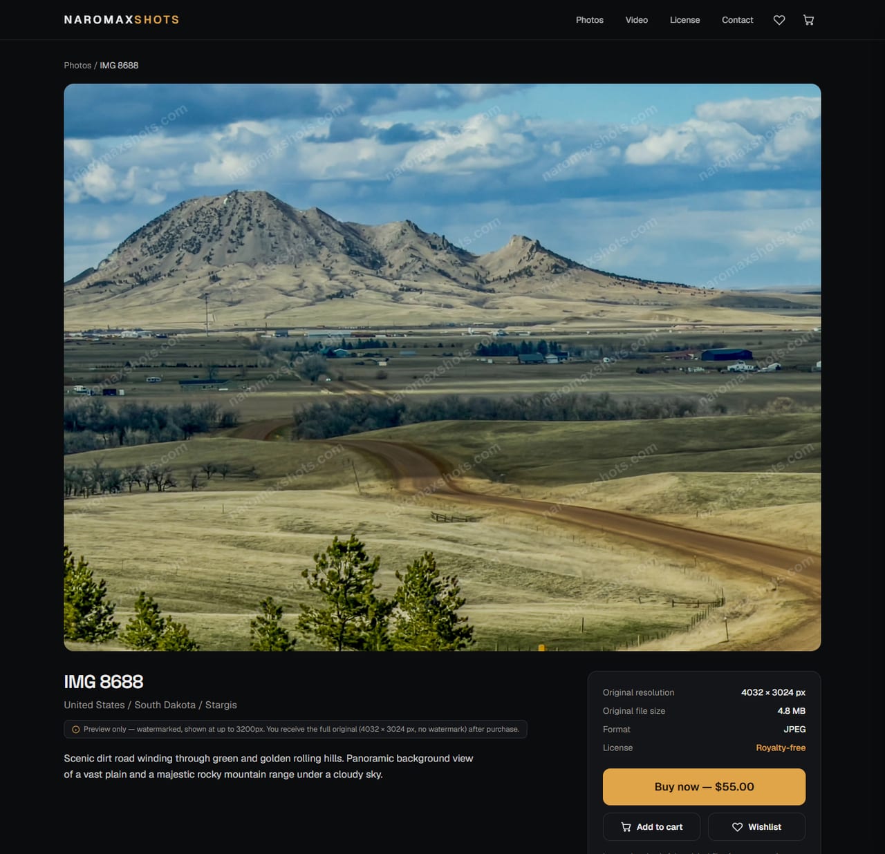 NaromaxShots — Photo page: a watermarked preview up to 3,200 px, the real size and format of the original, buy now or add to cart.