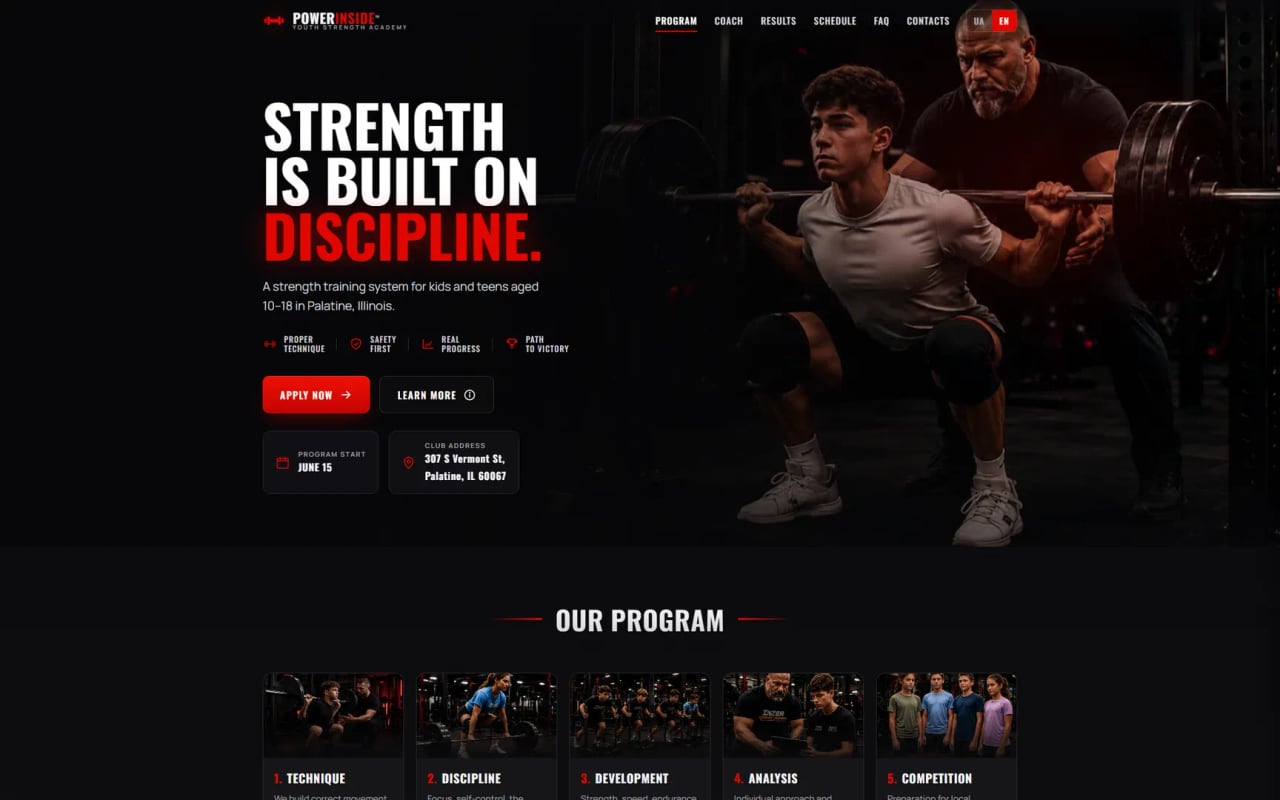 POWERINSIDE™ Youth Strength Academy — website screenshot