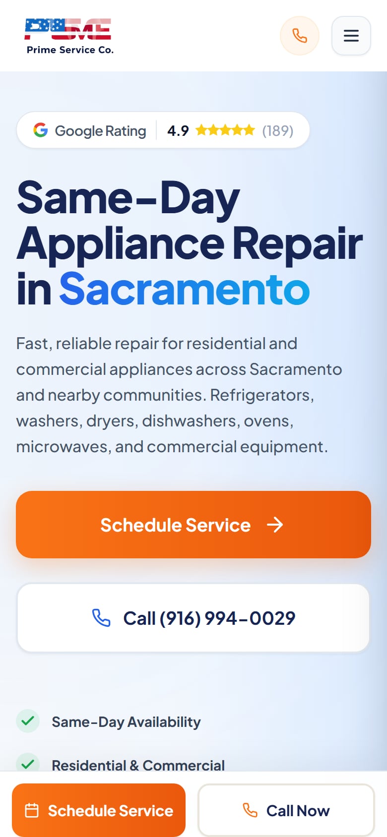 Prime Service Co. — mobile homepage
