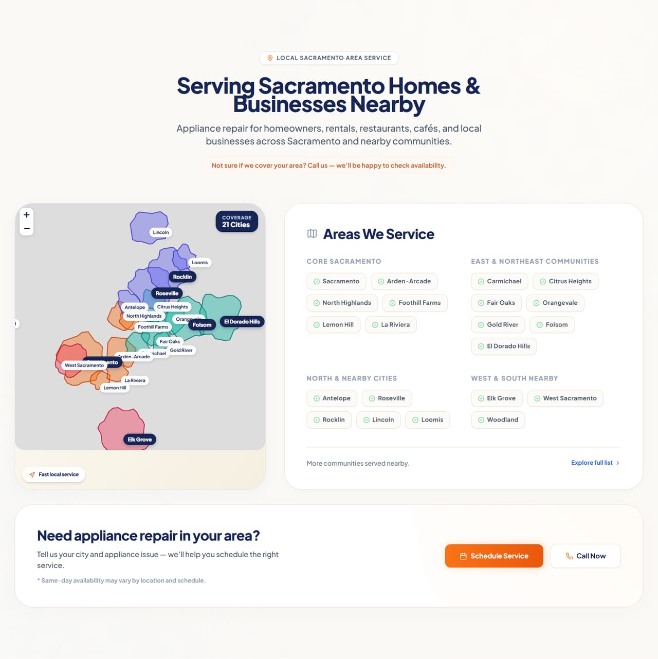 Prime Service Co. — Service areas: an interactive map of 21 communities that loads only when the visitor scrolls to it, next to the full list grouped by region.