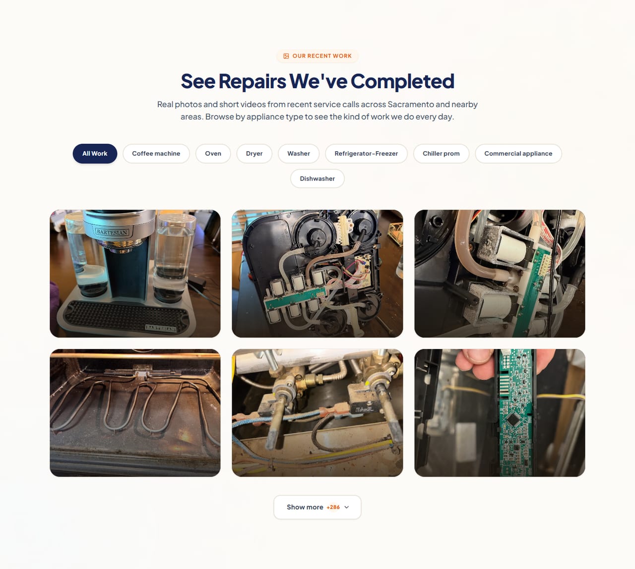 Prime Service Co. — Portfolio of real job photos and videos: filters by appliance, six at a time with “Show more”, and a lightbox for photos and video.