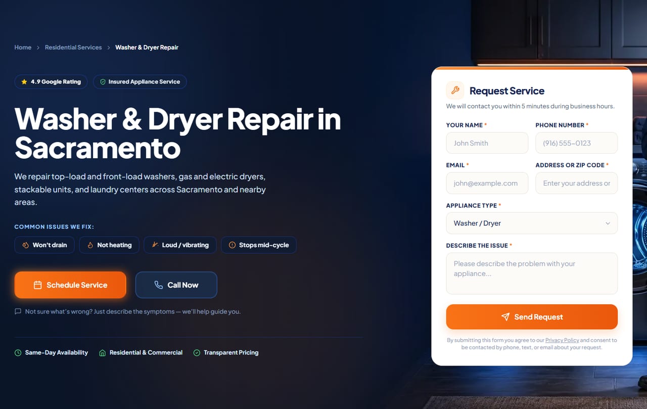 Prime Service Co. — Service page hero with the request form: the appliance is preselected from the page, and every request is saved in the admin with its ad source.