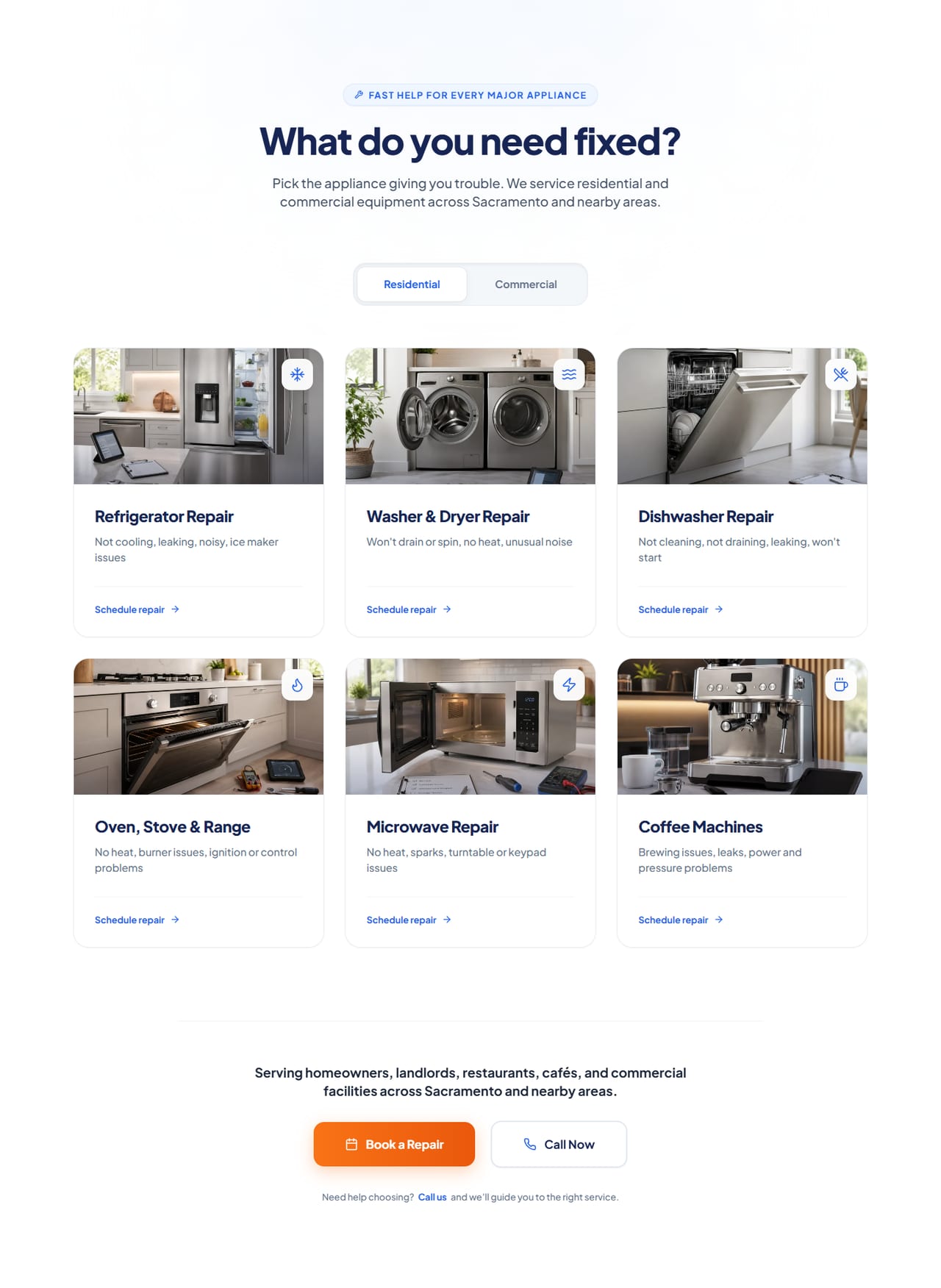 Prime Service Co. — “What do you need fixed?”: residential and commercial services in two tabs, each card leading to its repair page.