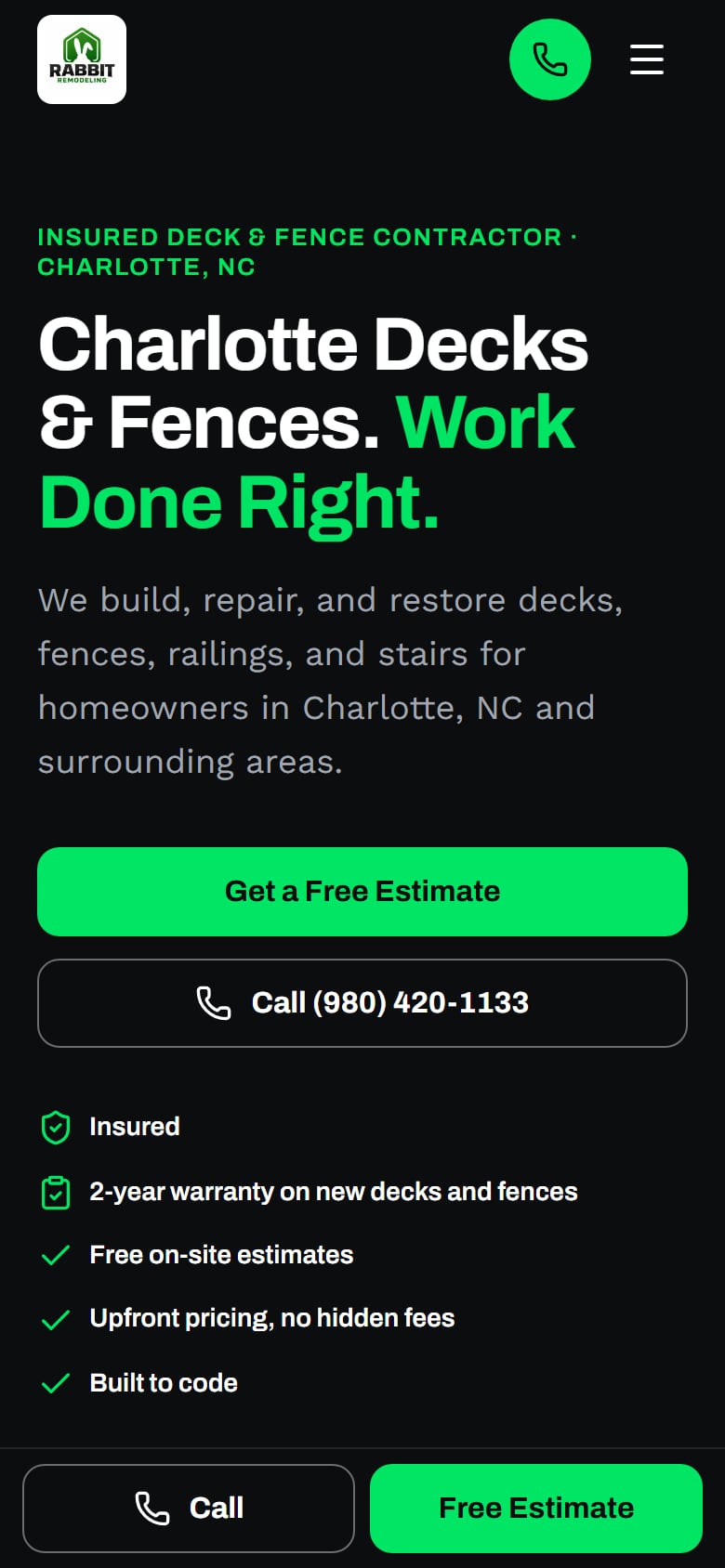 Rabbit Remodeling LLC — mobile homepage