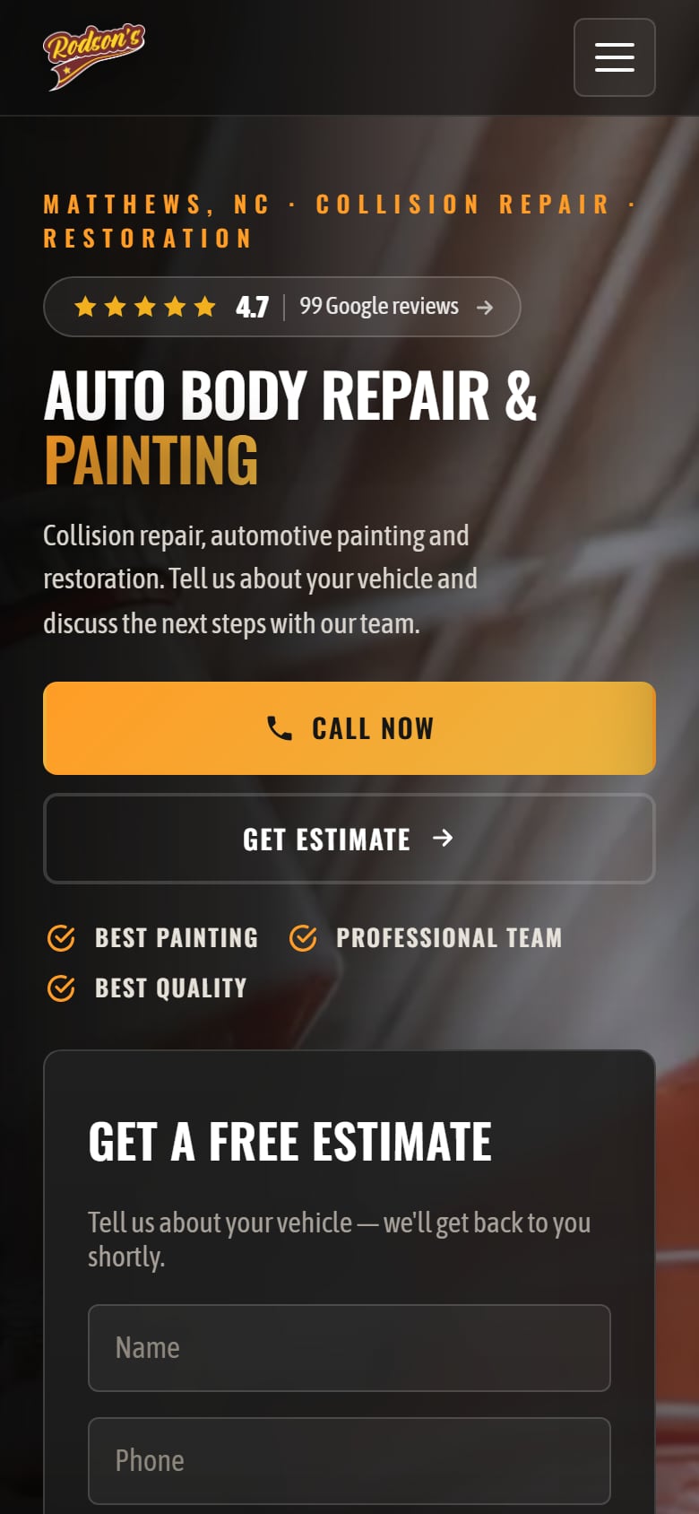 Rodson's Automotive — mobile homepage