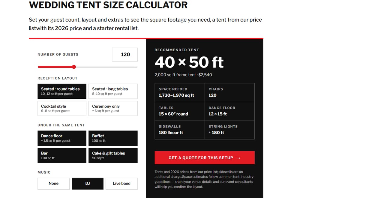 Wright Group Event Services — The wedding tent size calculator: guest count, layout and extras turn into a tent from the price list, its 2026 price and a starter rental list.