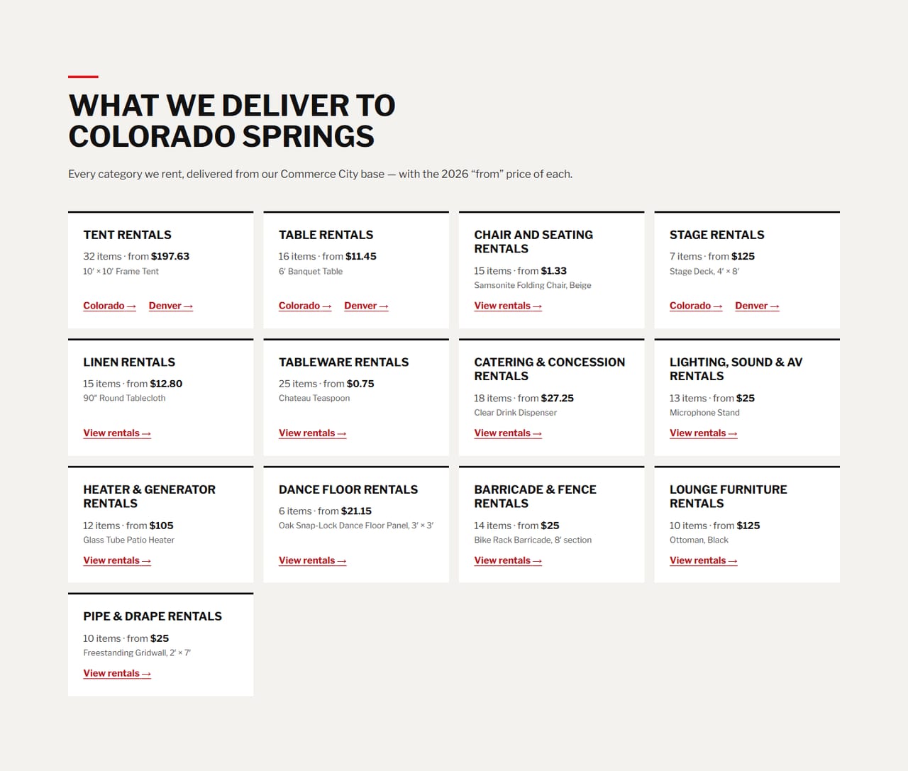 Wright Group Event Services — A city page: every category delivered to Colorado Springs with its starting price, plus delivery terms, planning tips and FAQ.