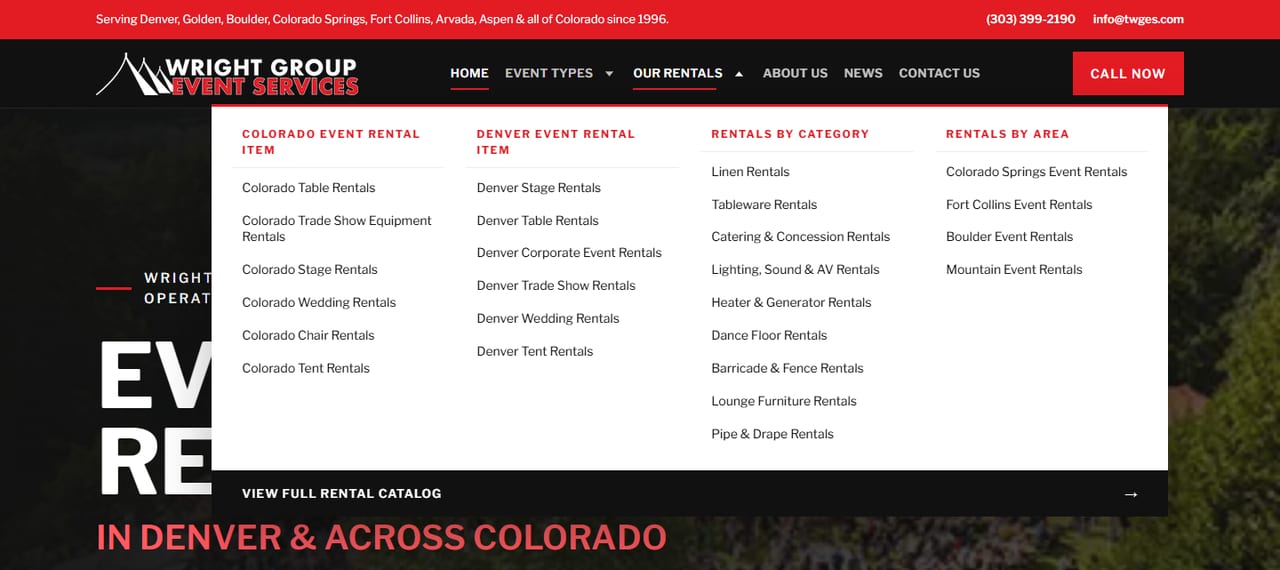Wright Group Event Services — The Our Rentals mega menu: Colorado and Denver rental pages, nine categories and four areas, with the full catalog one click away.